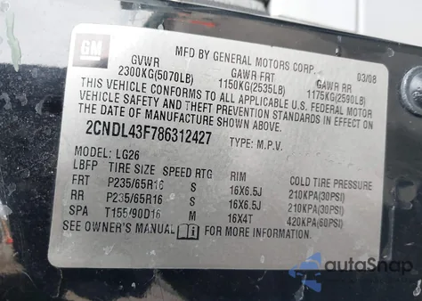 2008 Chevrolet Equinox Lt from USA, damaged, VIN 2CNDL43F786312427